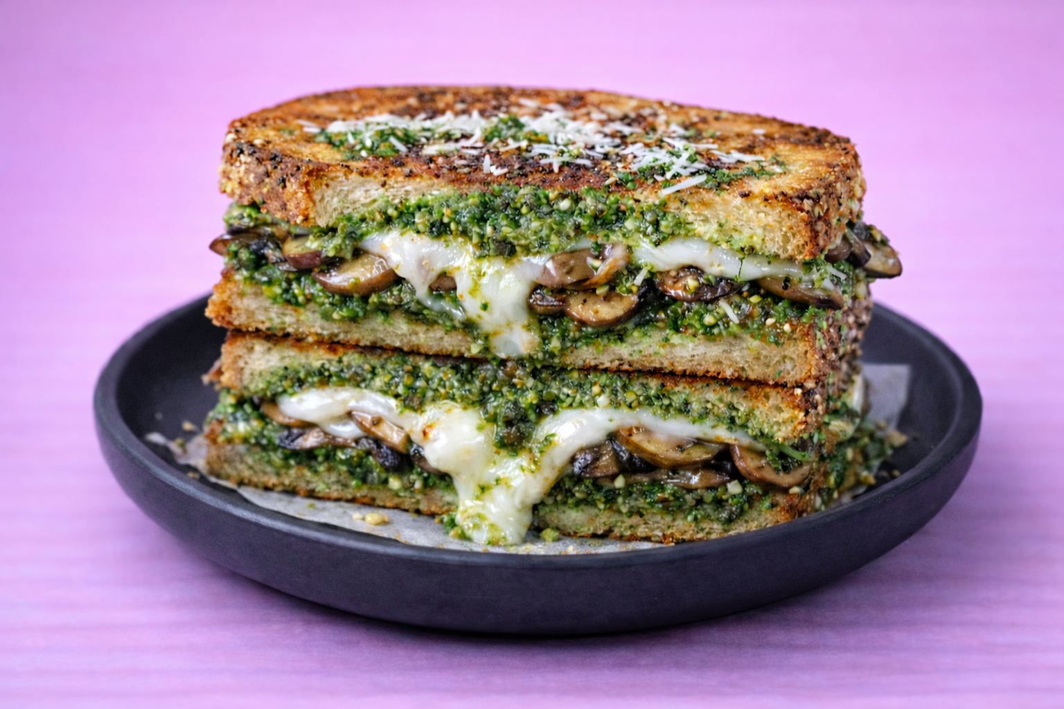 Pesto Layered Mushroom Cheesy Melt Panini